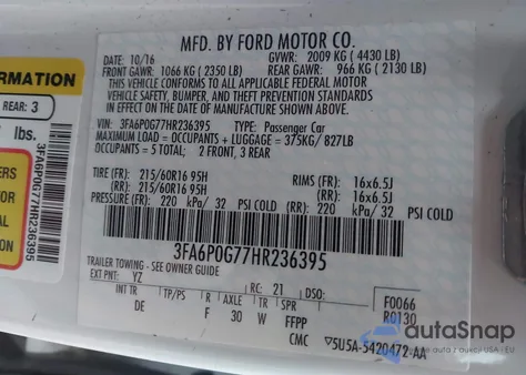 2017 Ford Fusion S from USA, damaged, VIN 3FA6P0G77HR236395